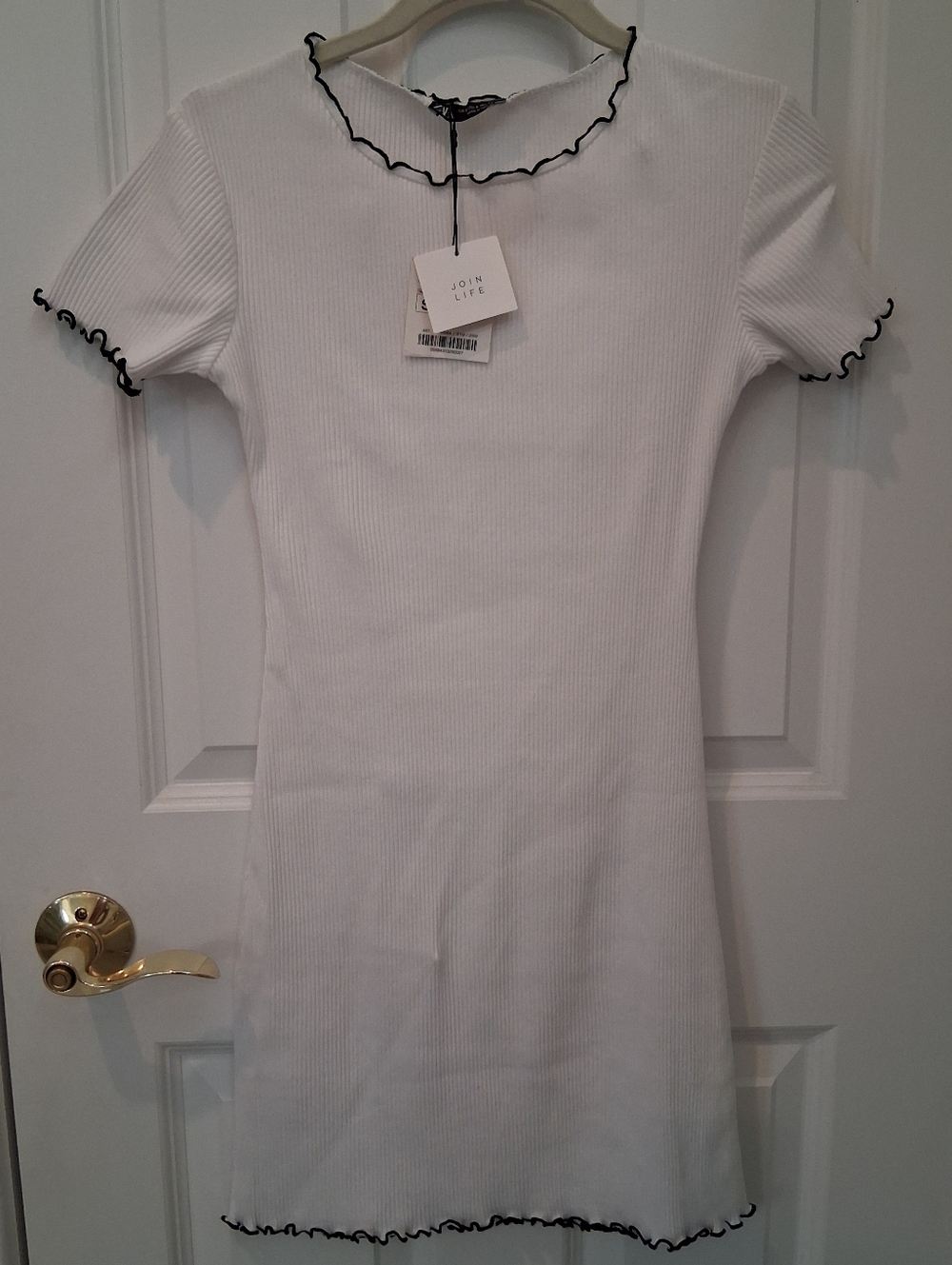 Zara White Mini Dress with Black Lettuce-Edge Trim